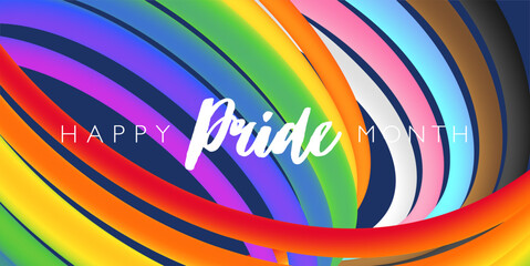 Colorful happy PRIDE month background with abstract 3D progress pride rainbow for festival parades, parties, and social events. Vector illustration.