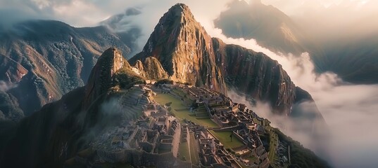 Machu picchu  incan citadel sunset panorama on andes mountain ridge, ancient civilization in peru - obrazy, fototapety, plakaty