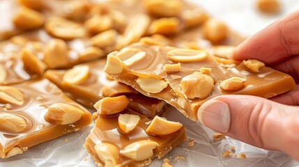Close up of hand breaking peanut brittle, showcasing crunchy texture, shattered pieces, and peanuts.