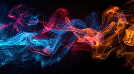 red, blue and orange colourful smoke on a black background, abstract.
