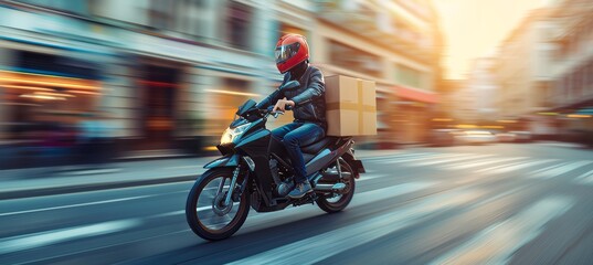 Obraz premium Fast courier delivering packages on a swift motorbike for efficient delivery service