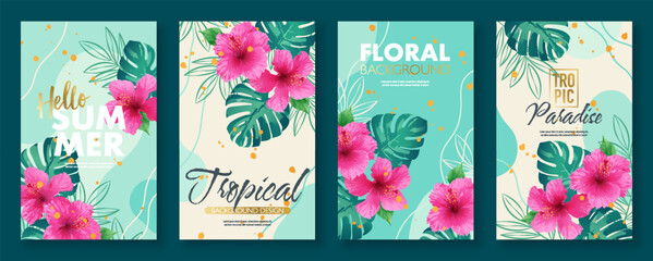 Summer tropical background template set with tropical flowers and leaves. Vector illustration © sophonk