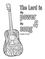 Biblical coloring illustration of Christian faith with a beautiful wooden acoustic guitar rests isolated on a white background, ready to create soulful blues or rocking melodies