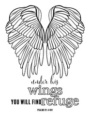 Biblical coloring illustration of Christian faith with Black vector illustration of a winged heart or a stylized eagle silhouette