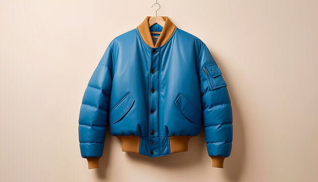 Blue color Jacket Mockup on a creamy background. Product promo & showcase. Generative AI. V-2