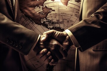 Handshake of Two Men in Business Suits Against Backdrop of World Map, Concept of Diplomacy in Changing World - obrazy, fototapety, plakaty
