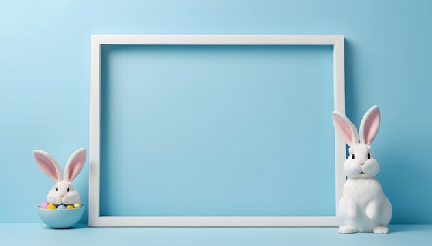 Empty picture frame with two little bunny statues on a blue background. Happy Easter Day