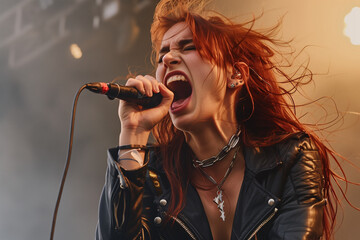 Heavy metal singer and vocalist, female rocker singing screaming into a microphone on stage at a concert full of strength and anger