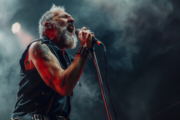 Heavy metal singer and vocalist, old rocker man singing into the microphone with a screaming...