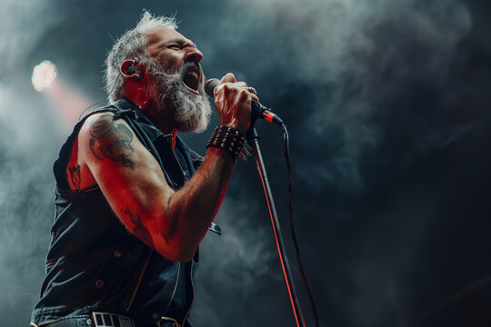 Heavy metal singer and vocalist, old rocker man singing into the microphone with a screaming expression and fury on a concert stage with copy space