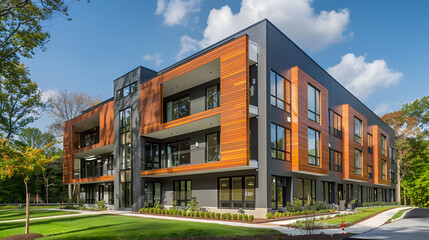 The exterior elevation of a modern multifamily building clad in Hardie plank siding - obrazy, fototapety, plakaty