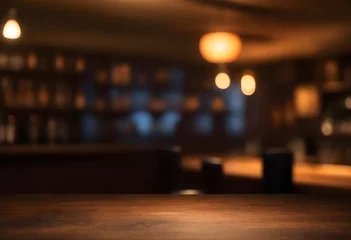 Foto op Plexiglas Empty wood table top on blur light gold bokeh of cafe restaurant in dark background © Art Coloring