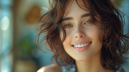Fototapeta premium A close up of a female model with dark brown hair, smiling happily.