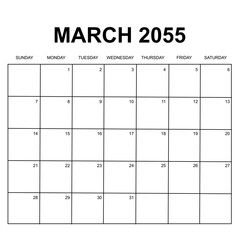 march 2055. monthly calendar design. week starts on sunday. printable, simple, and clean vector design isolated on white background.
