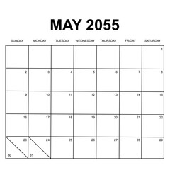 may 2055. monthly calendar design. week starts on sunday. printable, simple, and clean vector design isolated on white background.
