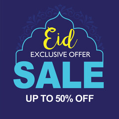 Eid exclusive sale. Eid special offer in dark blue theme. Up to 50% off. Vector Islamic design with mosque for Muslims annual EID festival. Holy Festival.