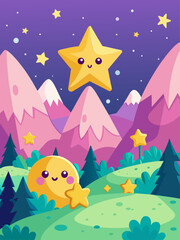 Stars twinkle in the night sky, casting a warm glow over a charming landscape filled with lush greenery and whimsical creatures.