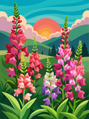 A beautiful landscape featuring a field of snapdragons in bloom, set against a tranquil sky and rolling hills.