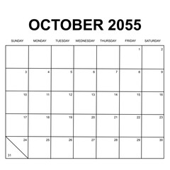 october 2055. monthly calendar design. week starts on sunday. printable, simple, and clean vector design isolated on white background.