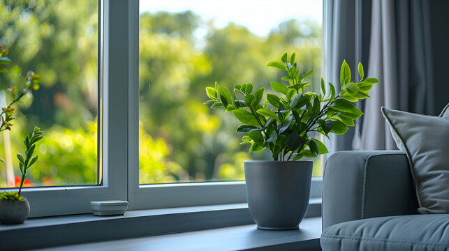 close up image of an aluminum window in a modern living room ; copyspace , stock photo