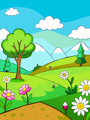 Spring vector landscape background with blooming trees and a meadow