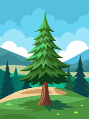 A spruce tree stands tall in a serene landscape, its branches reaching towards the heavens.