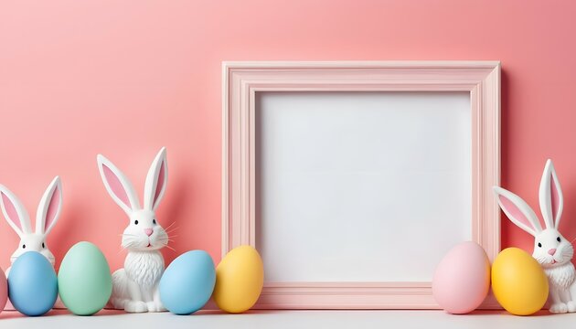 Frame with easter eggs and bunnies on a pink background. Happy Easter Day