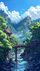 Pixel art rendering of a serene Japanese landscape, featuring traditional architecture with a bridge over a calm river, surrounded by lush greenery and rocky terrain.