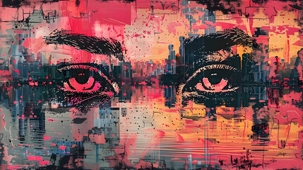 Abstract urban art piece featuring intense graffiti-style eyes set against a backdrop of chaotic, vibrant city-inspired strokes and splashes.