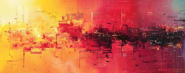 An abstract digital creation featuring a glitch art aesthetic, composed of a warm color scheme that gives the impression of a disrupted, pixelated sunset.