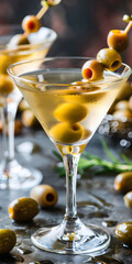 Martini com azeitonas em um palito de coquetel - obrazy, fototapety, plakaty