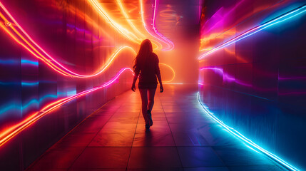 A lone woman walks away down a futuristic corridor illuminated by vibrant neon lights, creating a dynamic and mysterious atmosphere.