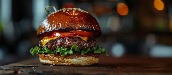 A delicious hamburger resting on a rustic wooden table, showcasing the appetizing food in a simple...