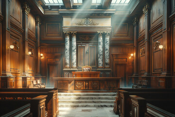 A courtroom with legal proceedings and a jury, representing the pursuit of justice in a career in the legal system. - obrazy, fototapety, plakaty