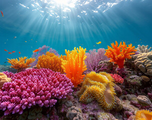 Colorful tropical coral reef with hard corals and sunbeams
