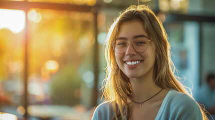 A woman with glasses smiling for the camera in a college classroom setting. - obrazy, fototapety, plakaty