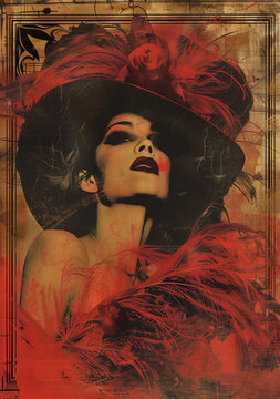 A vintage postcard of a glamourous woman, stage actress in the 1940s with red feathers and wide brimmed black hat. Moulin Rouge, old Paris movie and theatre theme. 