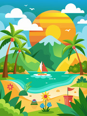 Obraz premium Summer vector landscape background depicting a sunny beach with palm trees, clear blue skies, and sparkling ocean waves.