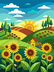 Sunflowers bloom abundantly under a clear blue sky in this vibrant vector landscape. - obrazy, fototapety, plakaty