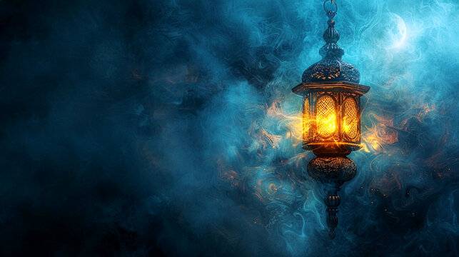 Vintage islamic lantern burning in the night sky