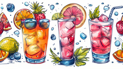 seamless pattern summer items, cocktails, sea, sunglasses, waves, collage, single line drawing style, colorful