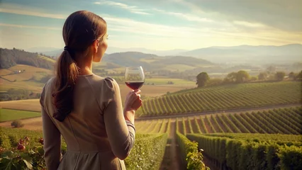 Poster Im Rahmen Woman drinking wine while overlooking rolling hills vineyard © vectorize