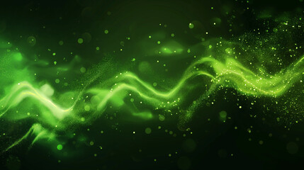 Green magic smoky light with particles abstract vector background.