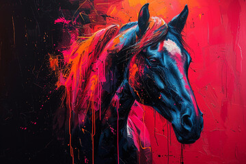 Horse portrait with colorful paint splashes on a grunge background
