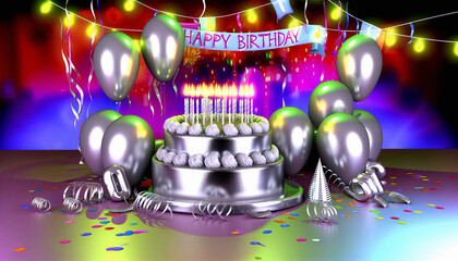 Happy birthday wallpapers greeting cards 3D happy birthday background invitation, birthday cake illustration with candles Gifts for children and adults, Generative AI.	