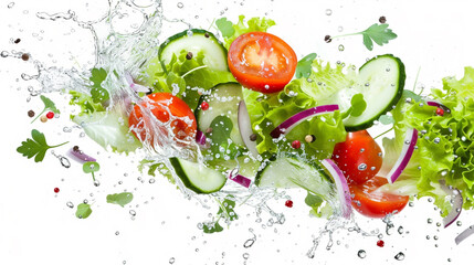 A splash of fresh vegetable salad. Vegetarianism on white background. Generative Ai