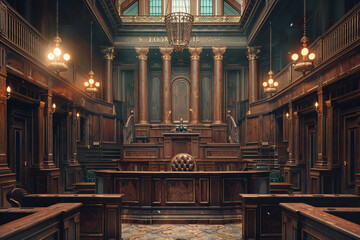 A courtroom with a judge and jury, representing the pursuit of justice in a career in the legal profession. - obrazy, fototapety, plakaty