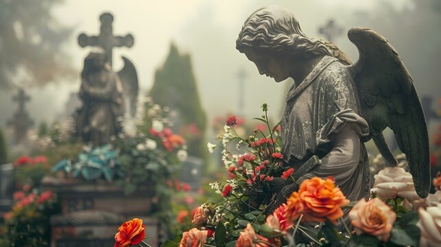 Angelic Statue Amidst Tranquil Cemetery Blooms in Dreamlike Fog