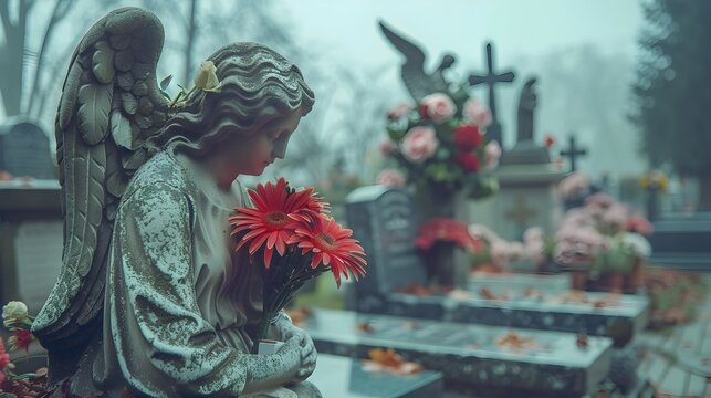 Angelic Tribute Sad Statue Holds Gerbera Daisies Amongst Tombstones in a Gloomy Cemetery