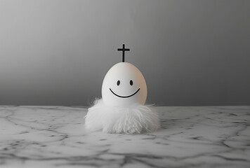 White happy egg,with cross on it's head, among the ordinary ones.Minimal creative easter concept.Copy space,top view